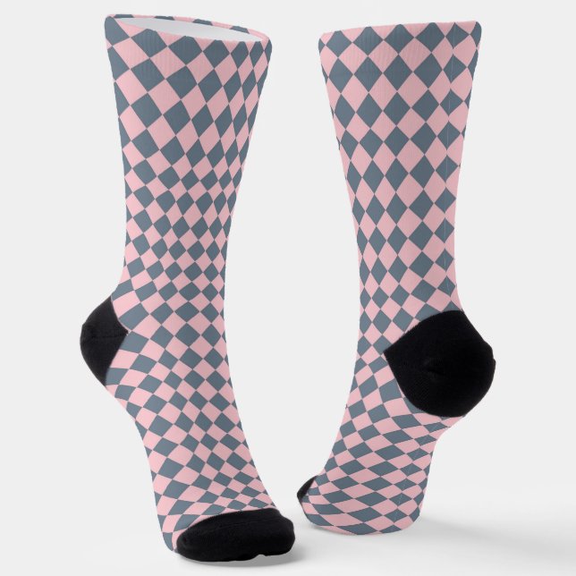 Pink Grey Chequered Diamond Pattern Socks (Angled)
