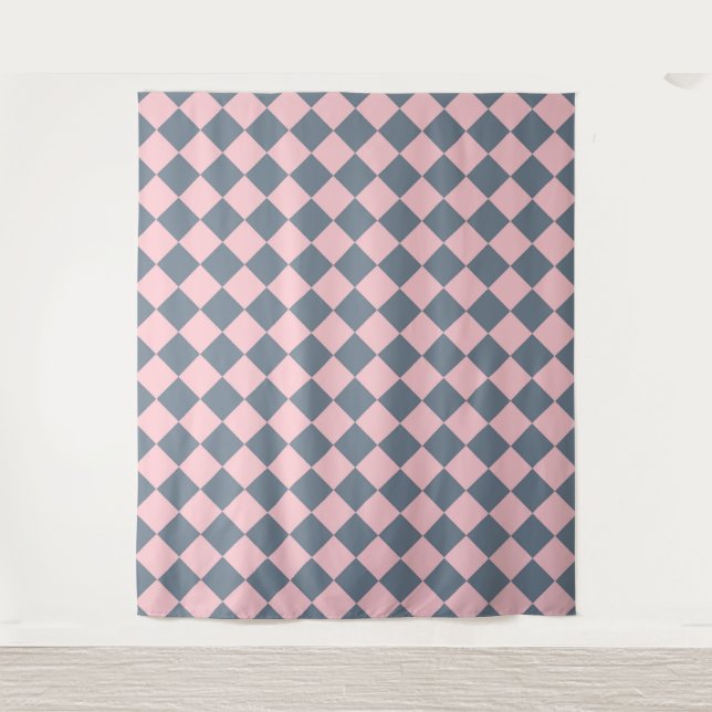 Pink Grey Chequered Diamond Pattern  Tapestry (Front)
