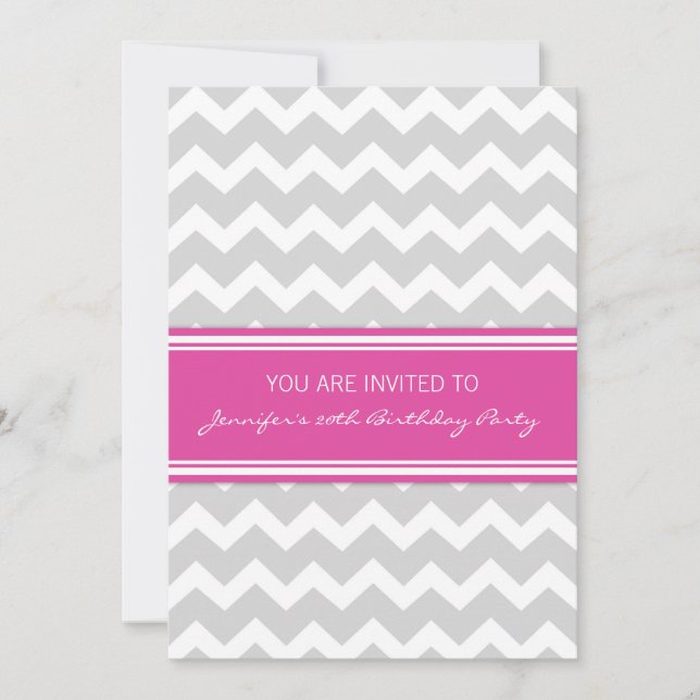 Pink Grey Chevron 20th Birthday Party Invitations (Front)