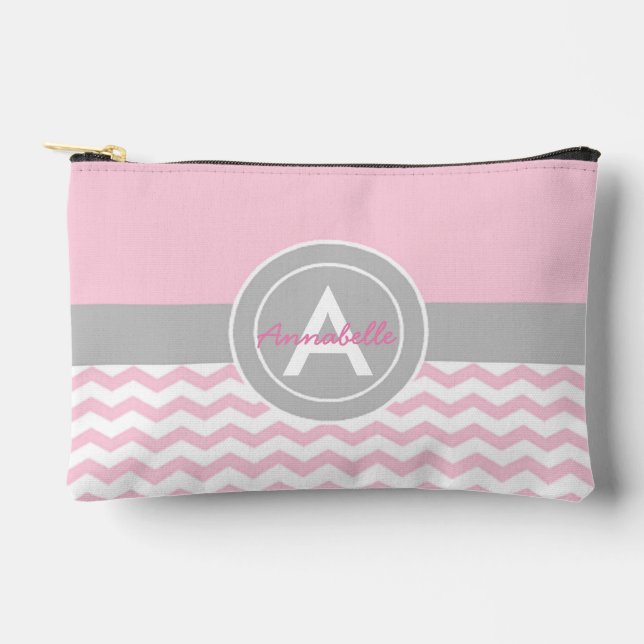 Pink Grey Chevron Accessory Pouch (Front)