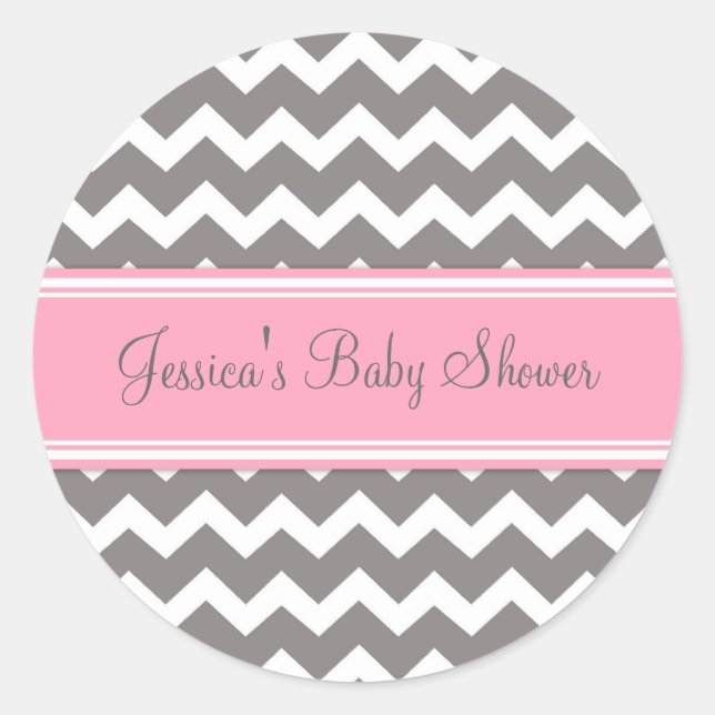 Pink Grey Chevron Baby Shower Favour Stickers (Front)