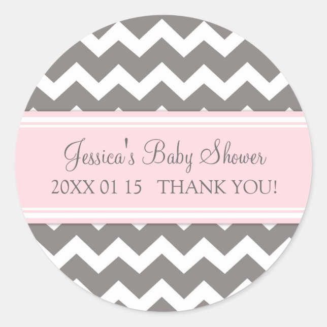Pink Grey Chevron Baby Shower Favour Stickers (Front)