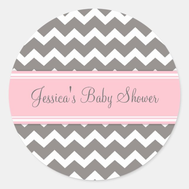 Pink Grey Chevron Baby Shower Favour Stickers (Front)