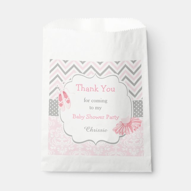 Pink & Grey Chevron Ballerina Baby Shower Favour Bag (Front)