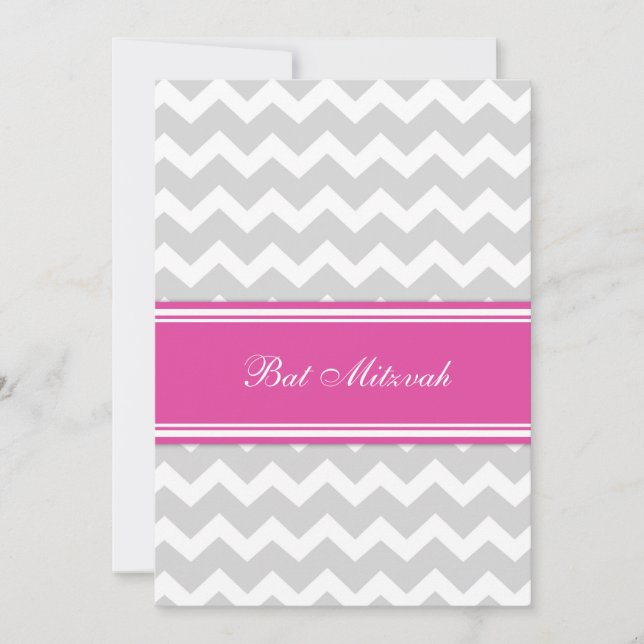 Pink Grey Chevron Bat Mitzvah Invitations (Front)