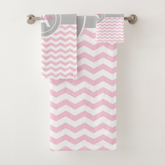 Pink Grey Chevron Bath Towel Set (Insitu)