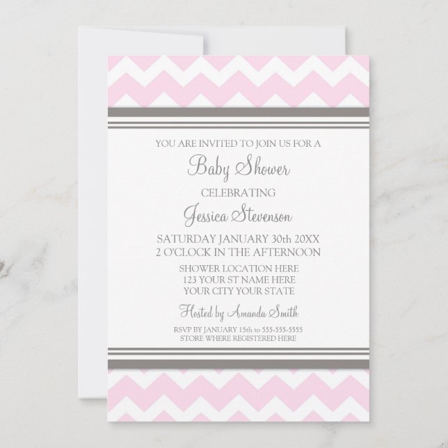Pink Grey Chevron Custom Baby Shower Invitations (Back)