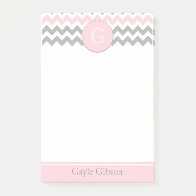 Pink Grey Chevron Monogram Post-it® Notes (Front)