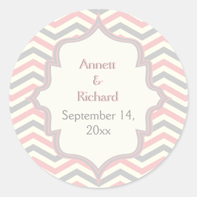 Pink, grey chevron zigzag wedding Save the Date Classic Round Sticker (Front)