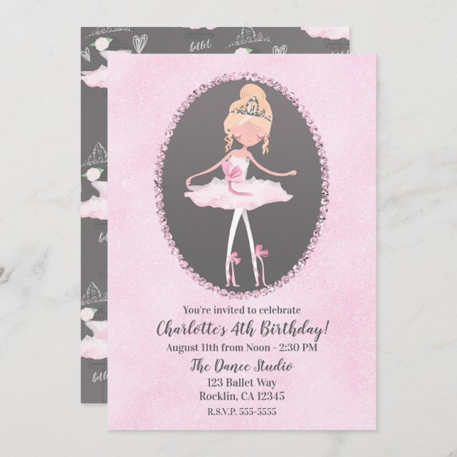 Pink & Grey Couture Ballerina Birthday Party Invitation (Front/Back)