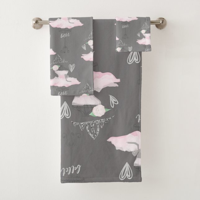 Pink & Grey Couture Ballerina Girls Whimsical Chic Bath Towel Set (Insitu)