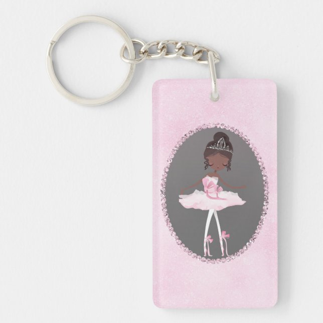 Pink & Grey Couture Dark Skin Ballerina Girls Key Ring (Front)