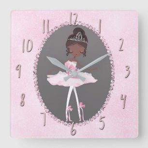 Pink & Grey Couture Ethnic Ballerina Girls Bedroom Square Wall Clock