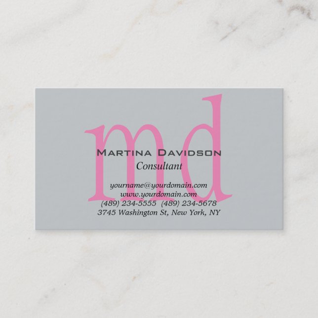 Pink Grey Creative Sophisticated Monogram Business Card (Front)