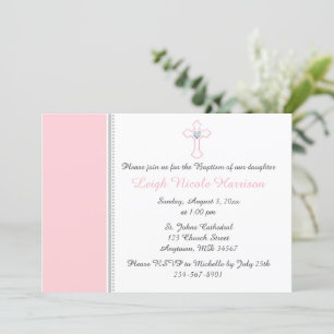 Pink & Grey Cross Baby Girl Baptism Christening Invitation