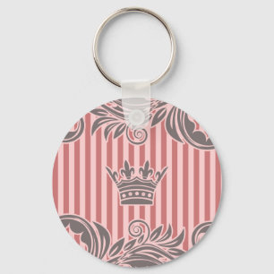 Pink Grey Crown and Striped Pattern Key Ring