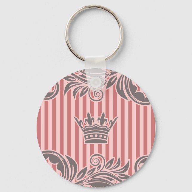 Pink Grey Crown and Striped Pattern Key Ring (Front)