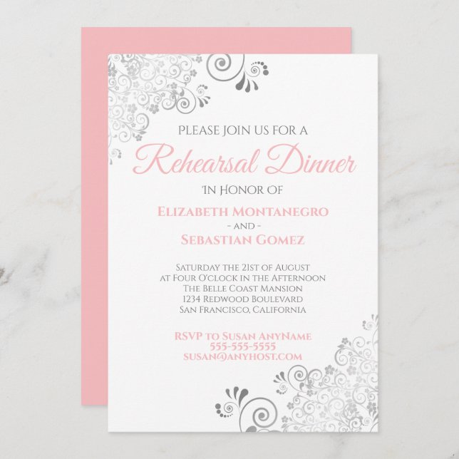 Pink & Grey Curls Wedding Rehearsal Dinner Invitation (Front/Back)