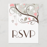 Pink & Grey | Cute Lovebirds Wedding RSVP Postcard