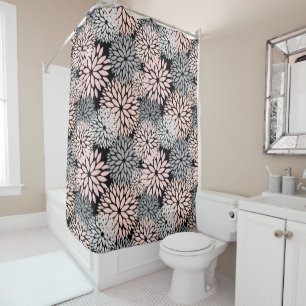 Pink Grey Dahlia Floral Pattern Shower Curtain