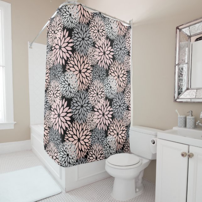 Pink Grey Dahlia Floral Pattern Shower Curtain (In Situ)