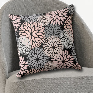 Pink Grey Dahlia Flower Pattern on Black Cushion