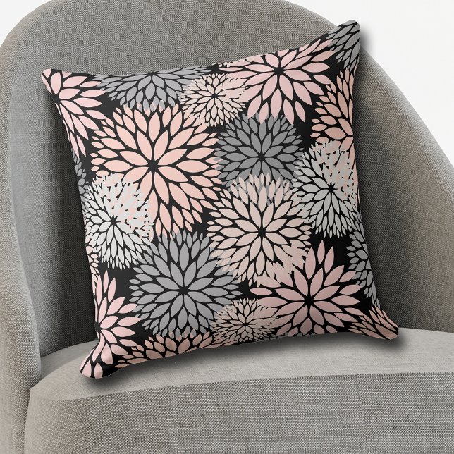 Pink Grey Dahlia Flower Pattern on Black Cushion (Creator Uploaded)