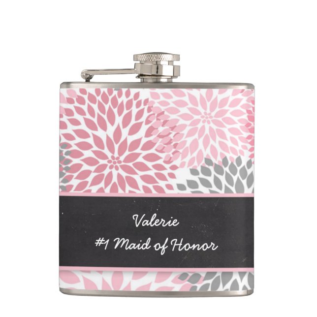 Pink Grey Dahlia Maid of Honour wedding party gift Hip Flask (Front)