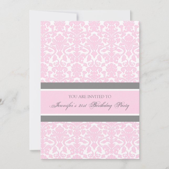 Pink Grey Damask 21st Birthday Party Invitations (Front)