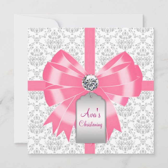 Pink Grey Damask Baby Girl Baptism Christening Invitation (Front)