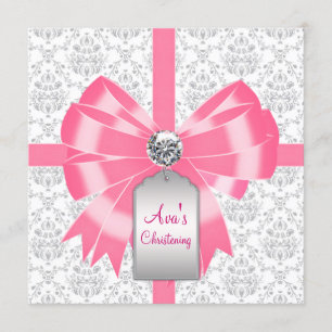 Pink Grey Damask Baby Girl Baptism Christening Invitation