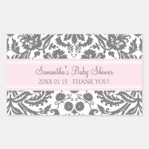 Pink Grey Damask Baby Shower Favour Stickers