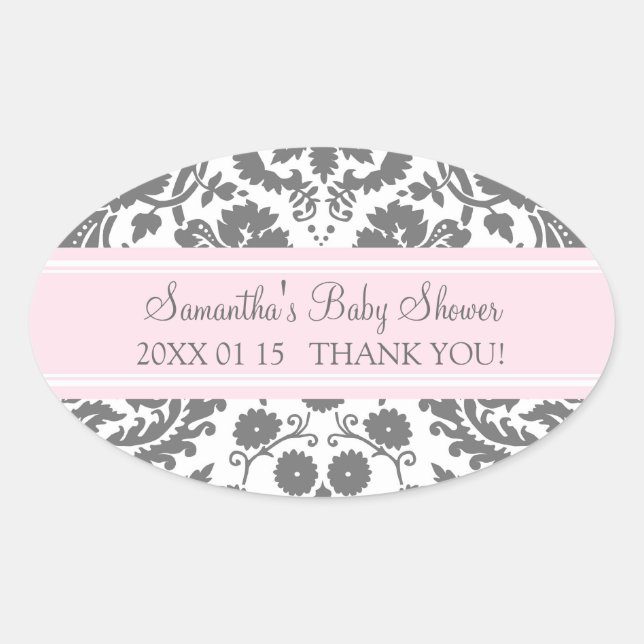 Pink Grey Damask Baby Shower Favour Stickers (Front)