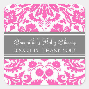 Pink Grey Damask Baby Shower Favour Stickers