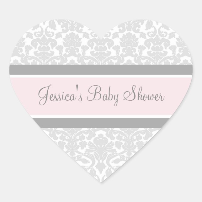 Pink Grey Damask Baby Shower Favour Stickers (Front)