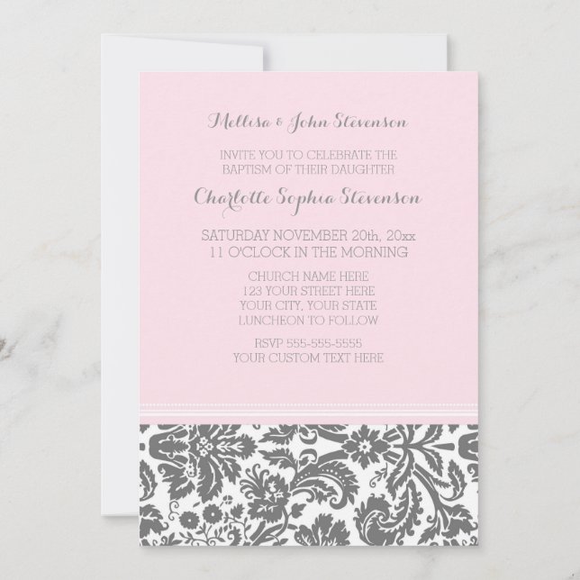 Pink Grey Damask Baptism Invitation (Back)