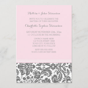 Pink Grey Damask Baptism Invitation
