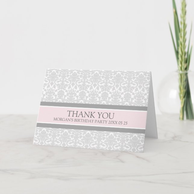 Pink Grey Damask Birthday Party Thank You Card (Front)