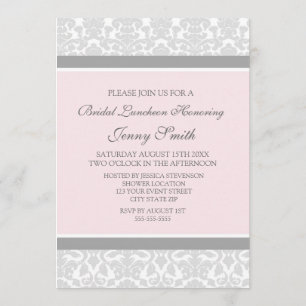 Pink Grey Damask Bridal Lunch Invitation Cards