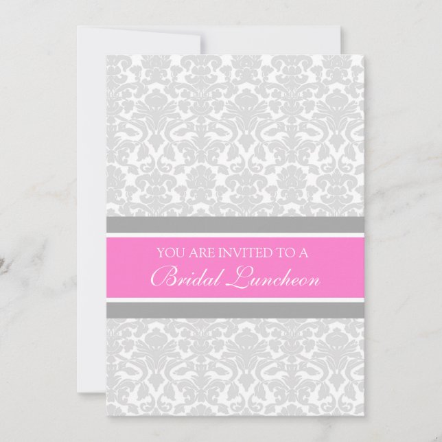 Pink Grey Damask Bridal Lunch Invitation Cards (Front)