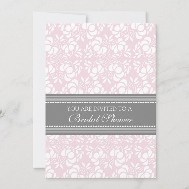 Pink Grey Damask Bridal Shower Invitation Cards (Front)