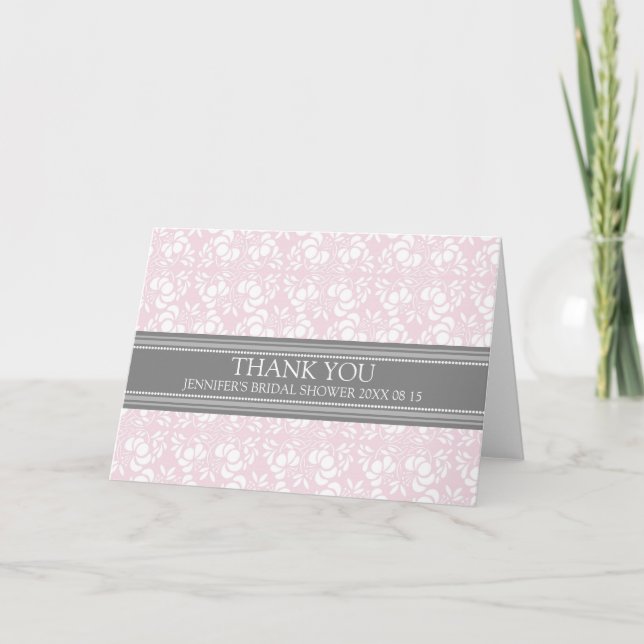 Pink Grey Damask Bridal Shower Thank You Card (Front)