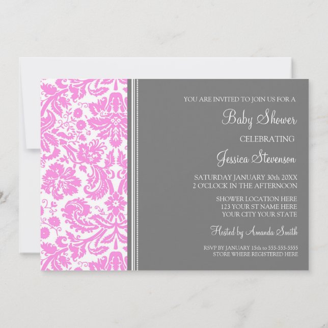 Pink Grey Damask Custom Baby Shower Invitations (Back)