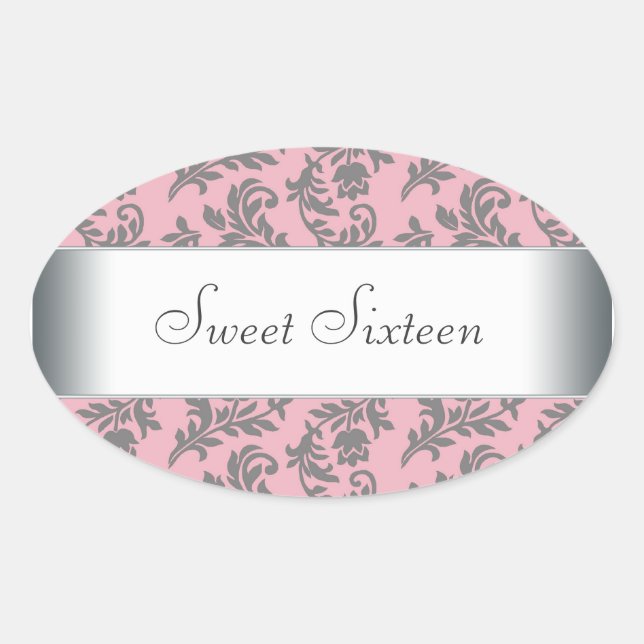 Pink Grey Damask Envelope Seal Party Label (Front)