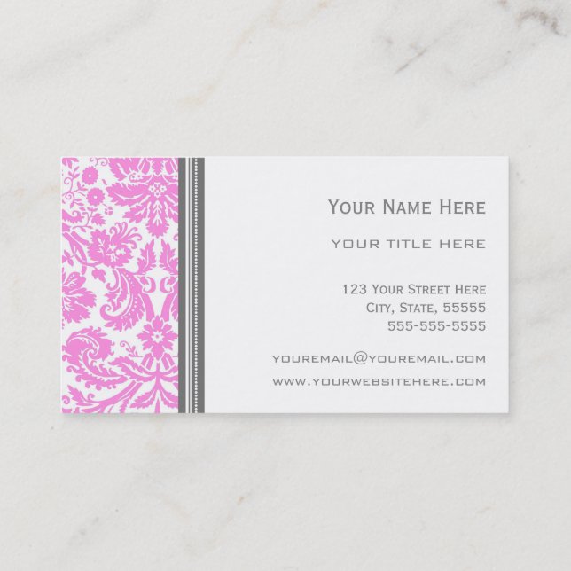 Pink Grey Damask Floral Business Cards (Back)