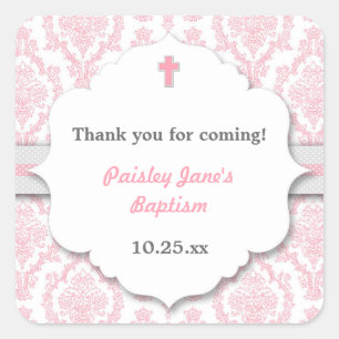 Pink Grey Damask girl Christening Baptism favour Square Sticker