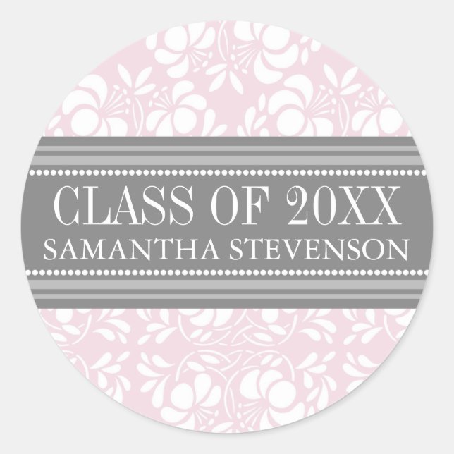 Pink Grey Damask Graduation Custom Year Name Classic Round Sticker (Front)