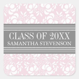 Pink Grey Damask Graduation Custom Year Name Square Sticker