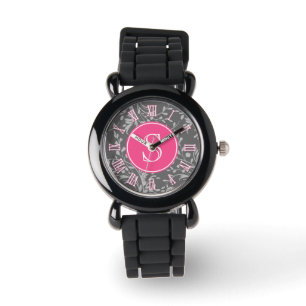 Pink, grey damask graphic monogram girls watch