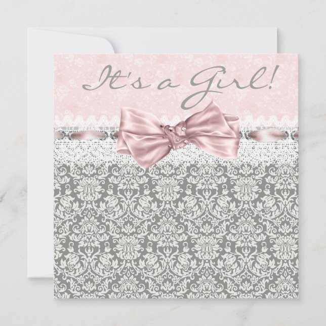 Pink Grey Damask Pink Grey Baby Girl Shower Invitation (Front)